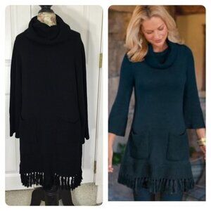 Soft Surroundings Sweater Dress Black Montreux Fringed Hem Cowl Neck w/Pockets